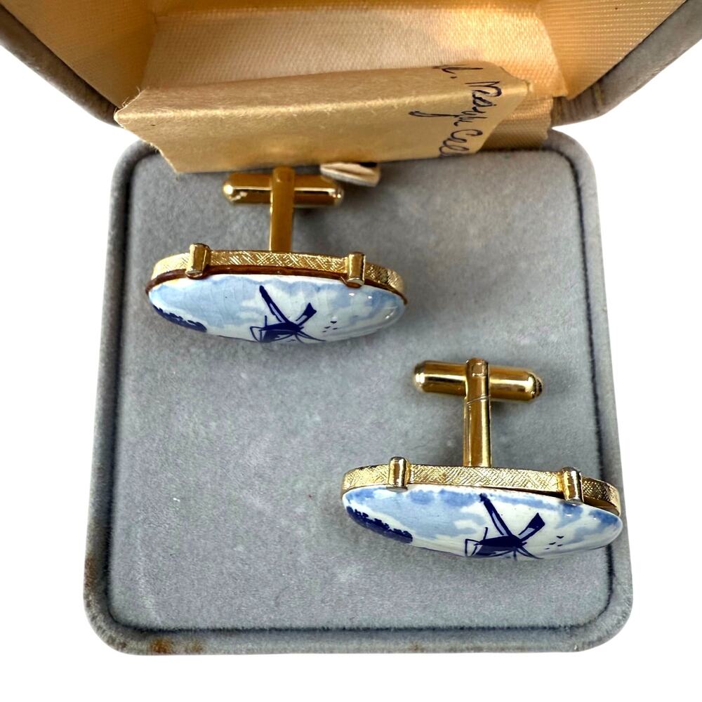 Anson Vintage Dutch Delft Blue White Windmill Cuff Links Gold Tone Back